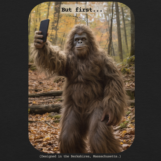Sasquatch taking a selfie in a forest with text above and below.