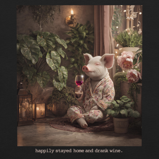 Illustration of a pig in pajamas holding a glass of wine in a cozy indoor setting.