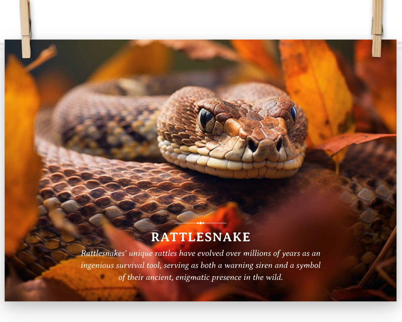 A poster featuring a close-up view of a coiled rattlesnake amidst autumn leaves, with the name 'Rattlesnake' displayed at the top.