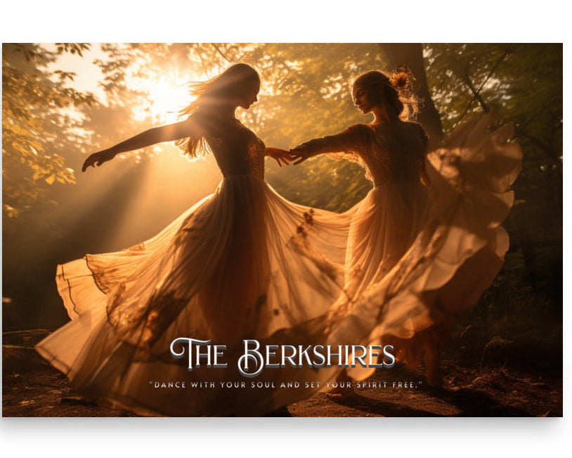 A poster featuring two individuals dancing in a sunlit forest setting with a capture titled 'The Berkshires'.