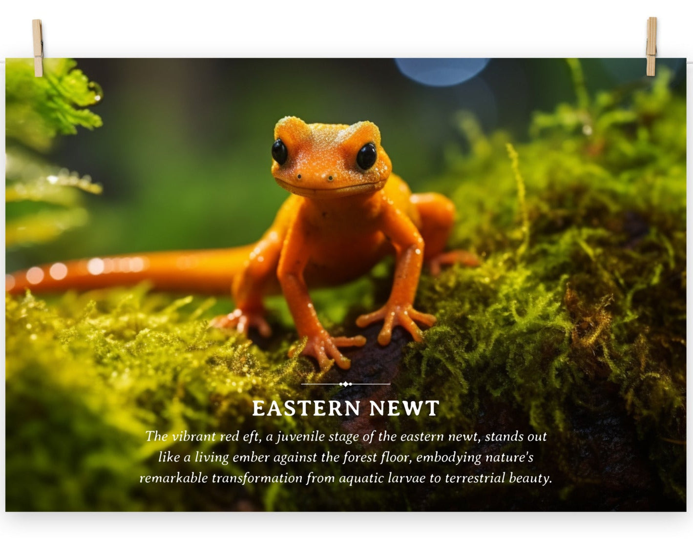 A poster featuring a close-up image of an Eastern Newt in its Red Eft stage, sitting on green moss with a description of the species.