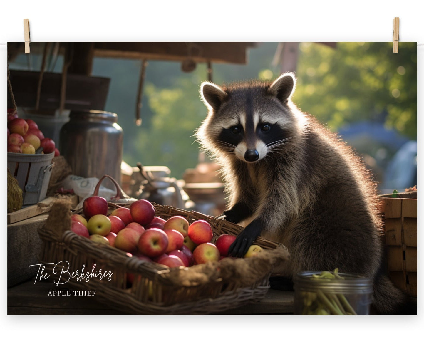 A poster featuring a raccoon reaching for apples on a table, with the text 'The Berkshires' and 'Apple Thief' displayed.