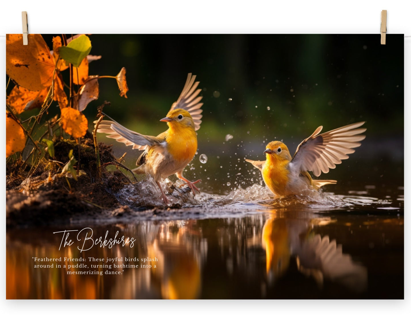 A poster featuring two birds playing in a shimmering puddle with autumn leaves in the background.