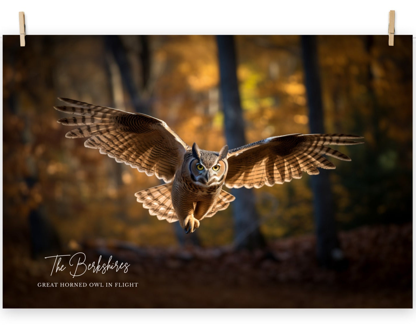 A poster featuring a great horned owl in flight against a blurred background of autumn trees.