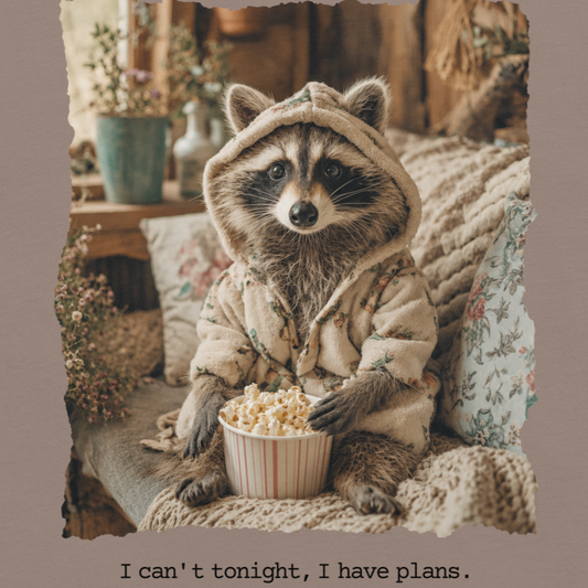 Raccoon in a hoodie with popcorn on a couch, text 'I can't tonight, I have plans.'