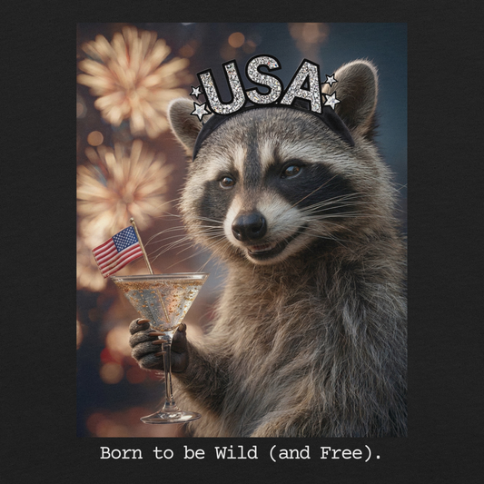 Raccoon holding a cocktail with an American flag, wearing a 'USA' headband, against a dark background with fireworks.