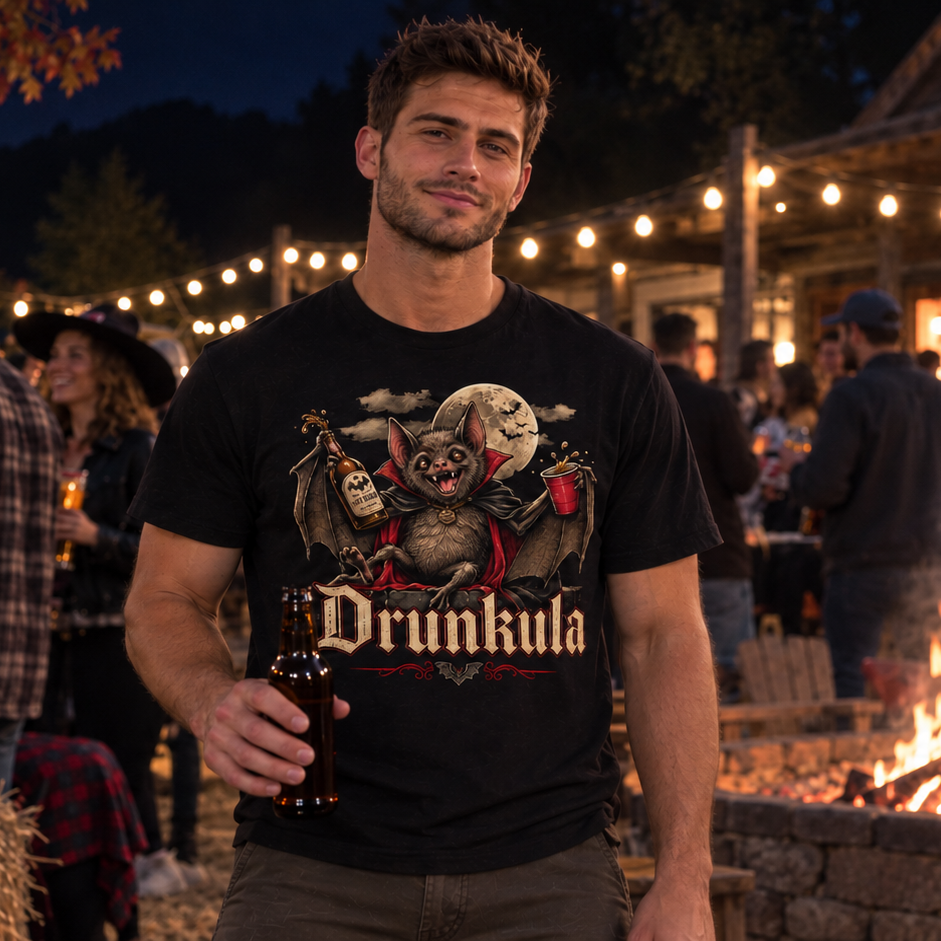 A man wearing a black graphic t-shirt with a gothic 'Drunkula' design stands in front of a fire pit at a Halloween-themed outdoor gathering at night.