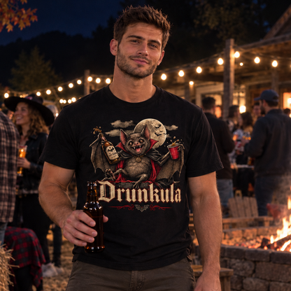 A man wearing a black graphic t-shirt with a gothic 'Drunkula' design stands in front of a fire pit at a Halloween-themed outdoor gathering at night.