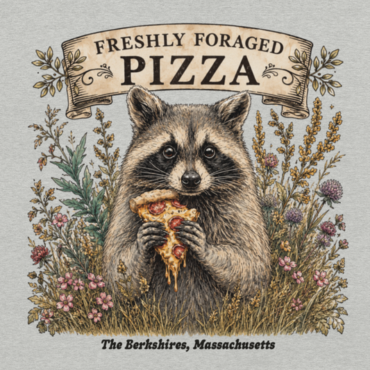 A light heather gray t-shirt featuring a detailed graphic print of a raccoon holding a slice of pizza, surrounded by wildflowers and greenery, with a banner reading 'FRESHLY FORAGED PIZZA' and 'The Berkshires, Massachusetts' printed below.