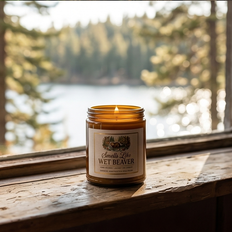 Candle in a glass jar labeled 'Wet Beaver' on a windowsill with a forest and lake view.