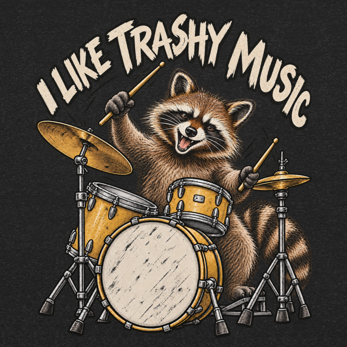 A graphic print on a dark charcoal t-shirt featuring a cartoon raccoon playing a yellow and silver drum kit, with the text 'I LIKE TRASHY MUSIC' arched above it.