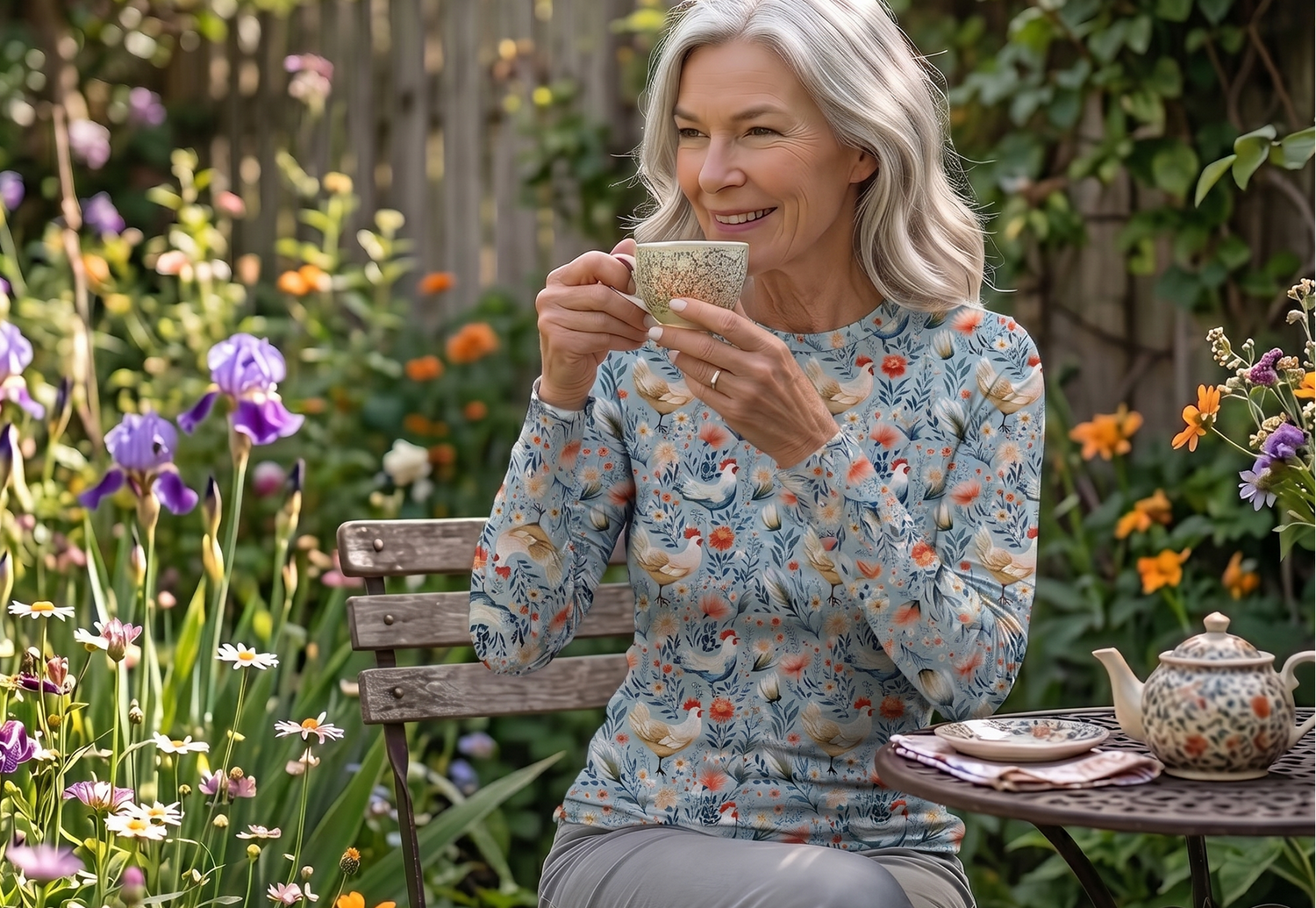 Woman sitting in a garden holding a mug, surrounded by flowers and a teapot.