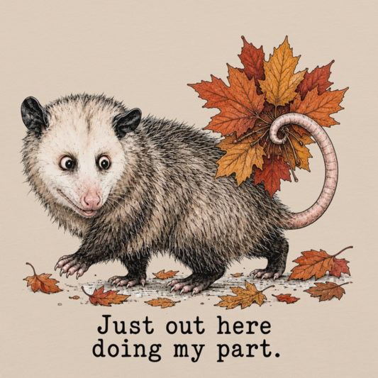 A whimsical illustration of an opossum walking on a beige background with scattered autumn leaves. The opossum has a bundle of orange and red maple leaves on its back, and the text below reads, 'Just out here doing my part.