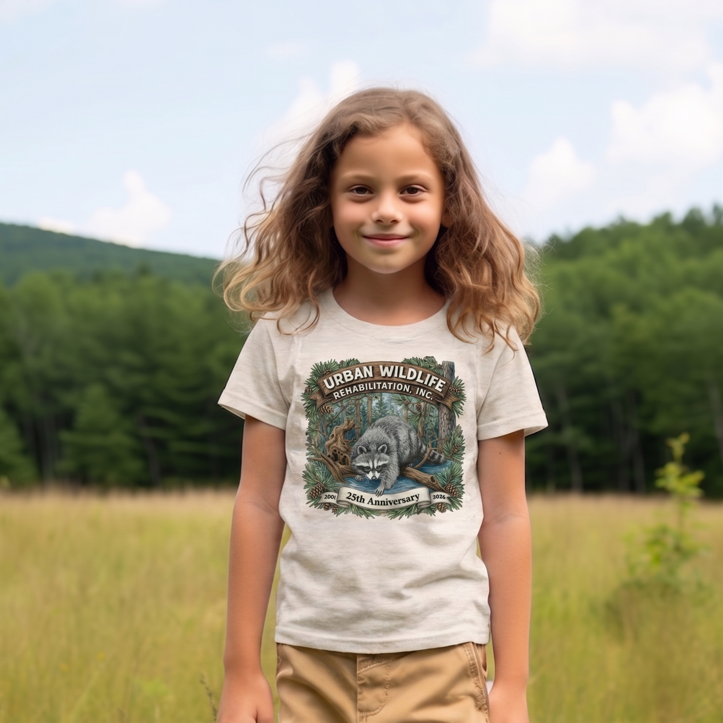 Child wearing a 'Urban Wildlife' t-shirt in a field with trees in the background
