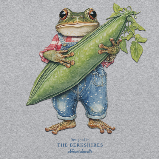 Illustration of a frog wearing overalls holding a green pea pod on a gray background.
