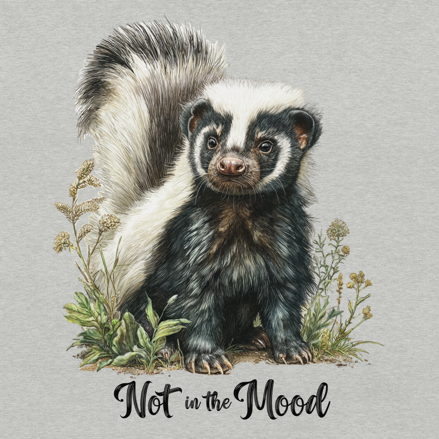 Some days you’re sunshine, some days you’re this skunk. Soft, witty, and a little moody — your new favorite tee for when “not in the mood” says it best.