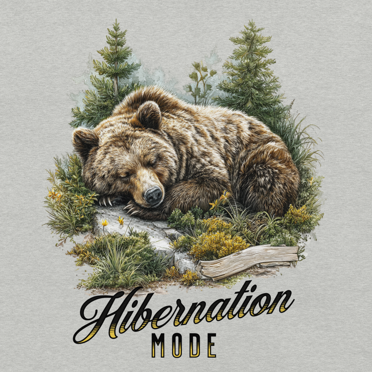 Tee featuring a Sleeping bear surrounded by trees and plants with 'Hibernation Mode' text 