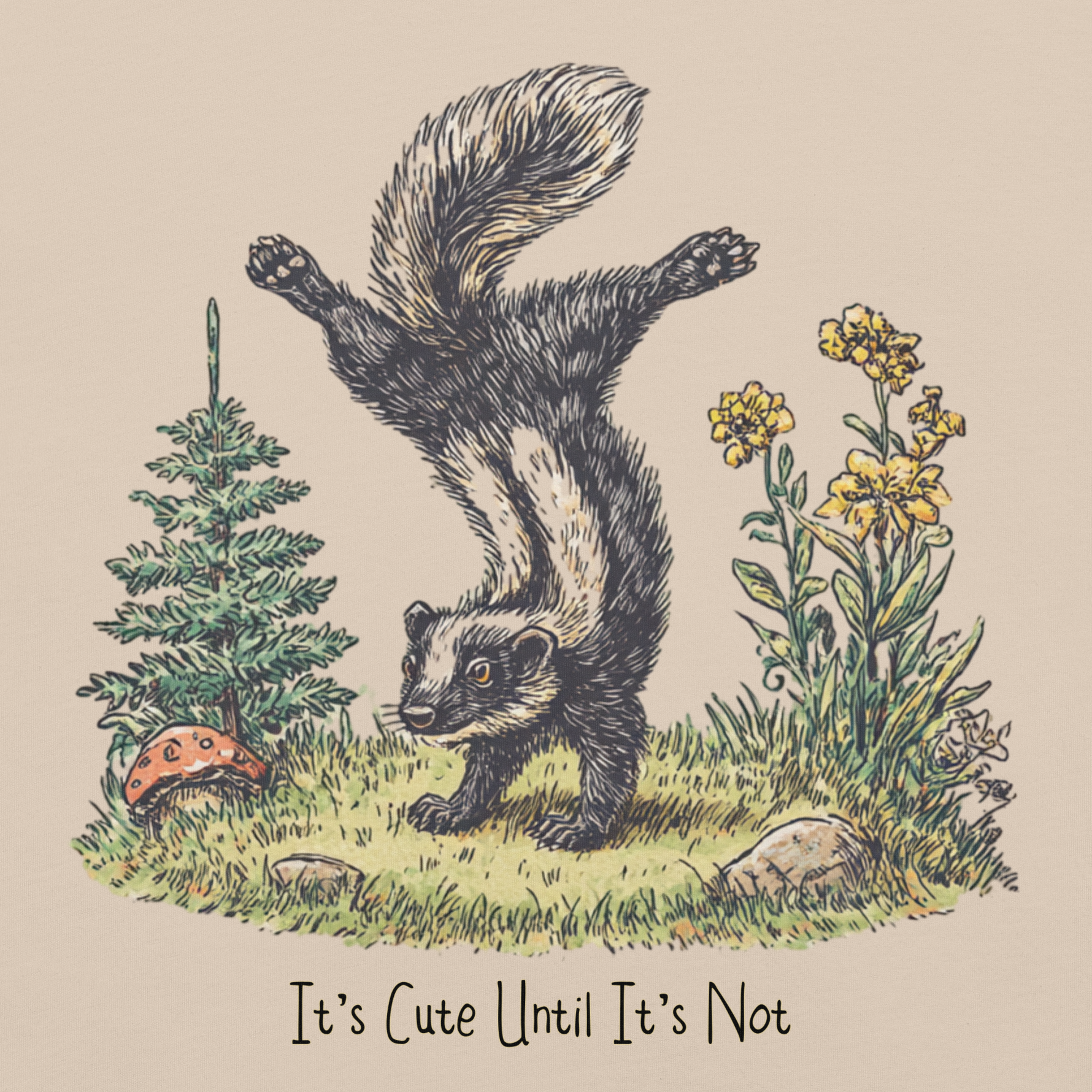 Illustrated tee with a skunk standing on its hind legs and the text 'It's Cute Until It's Not'