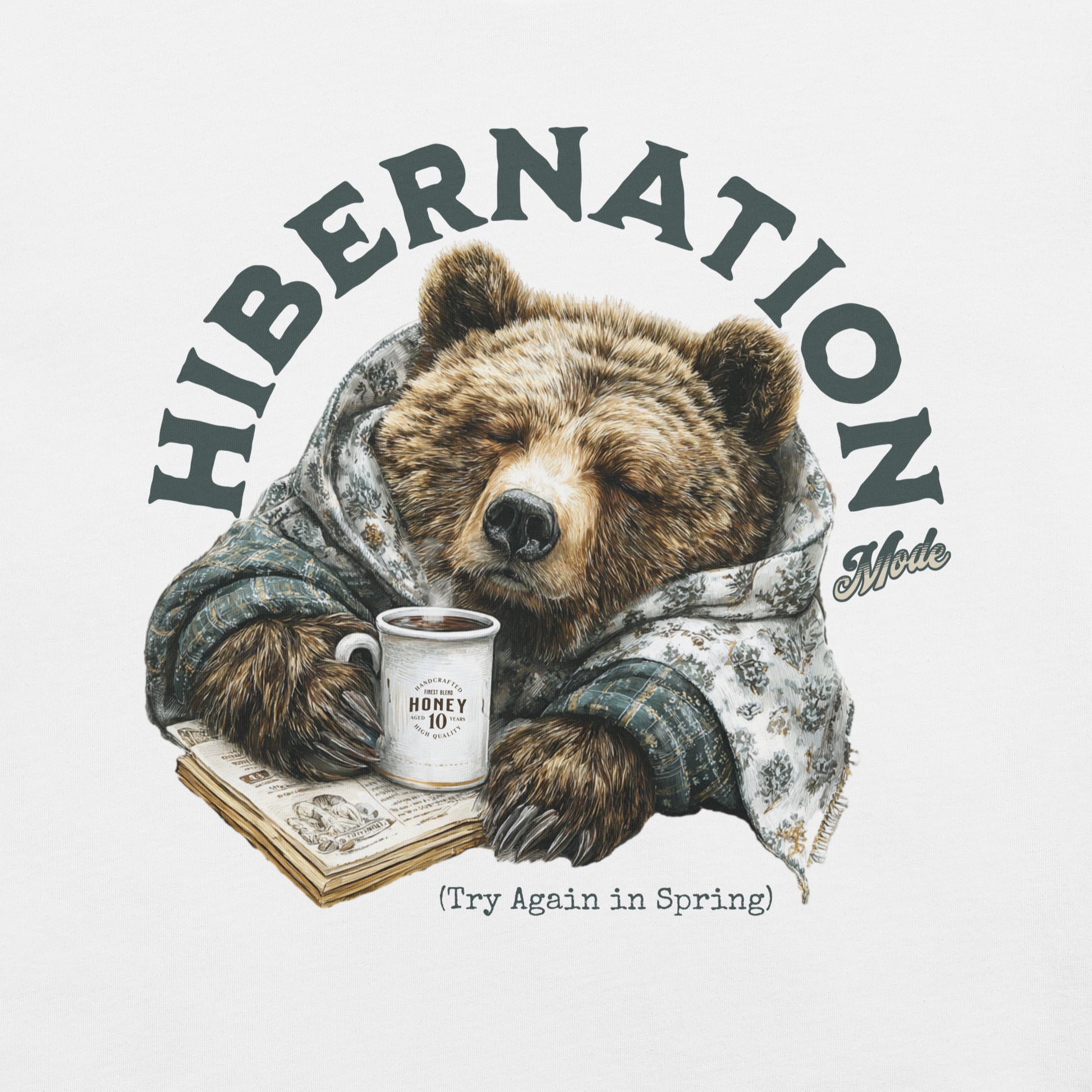 Illustration of a bear in a floral robe holding a mug with 'Hibernation Mode' text on a white background.