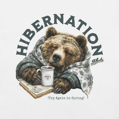 Illustration of a bear in a floral robe holding a mug with 'Hibernation Mode' text on a white background.