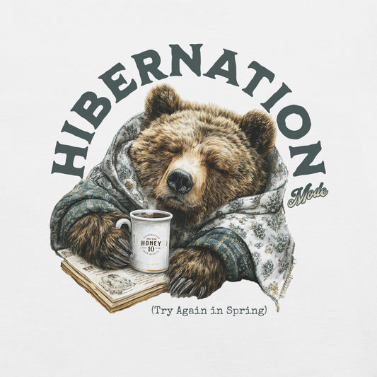 Illustration of a bear in a floral robe holding a mug with 'Hibernation Mode' text on a white background.